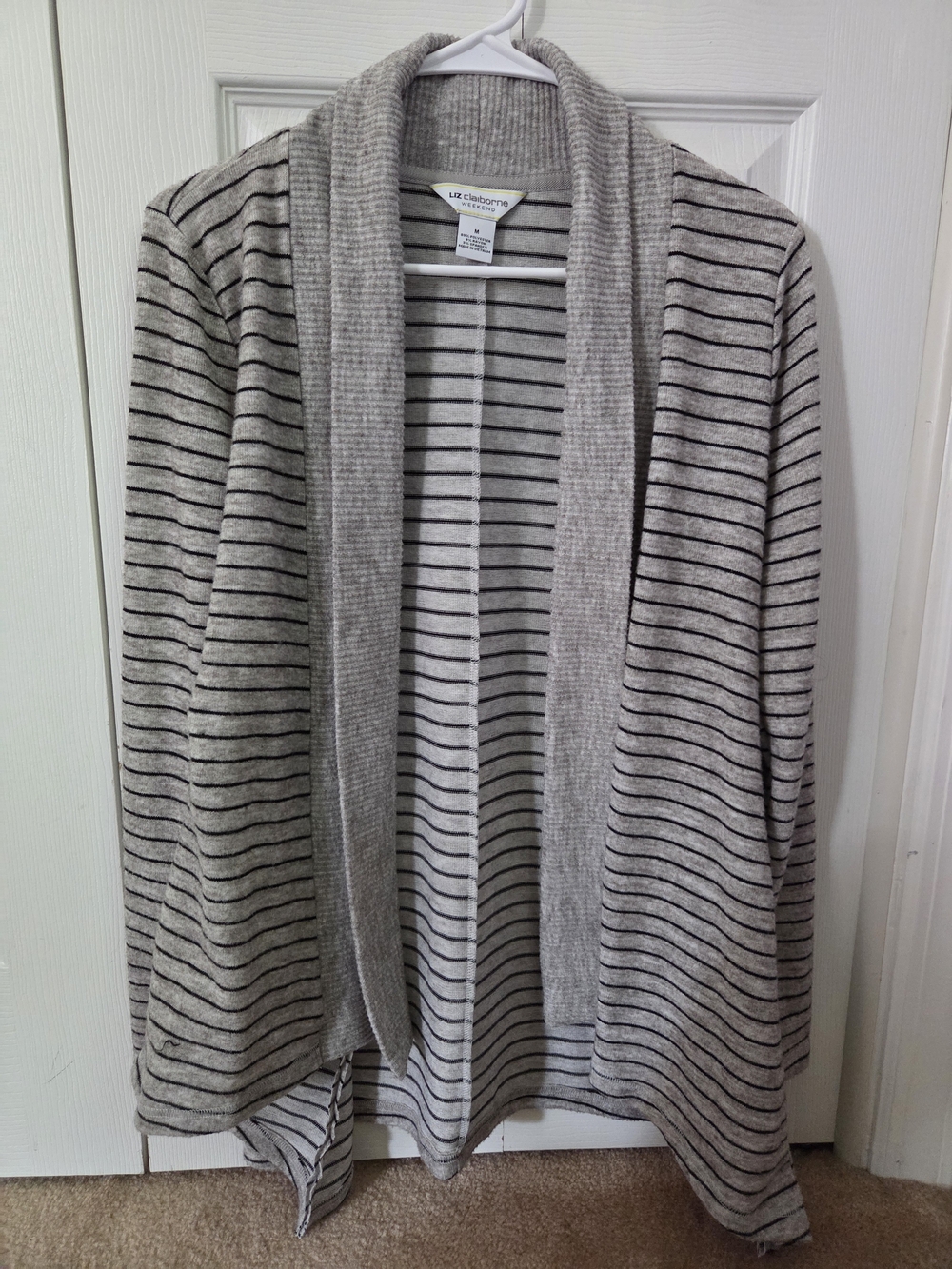 Liz Claiborne Women'w Grey and Black Striped Open Shawl Cardigan Size M